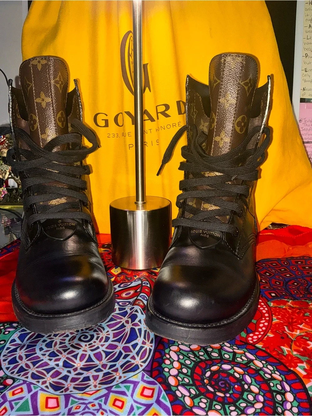 Louis Vuitton Black Leather and Brown Monogram Lace-Up Boots
